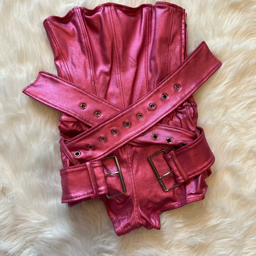 Oh Polly x Bratz Sasha Metallic Denim Belted Corset Playsuit in Deep Pink